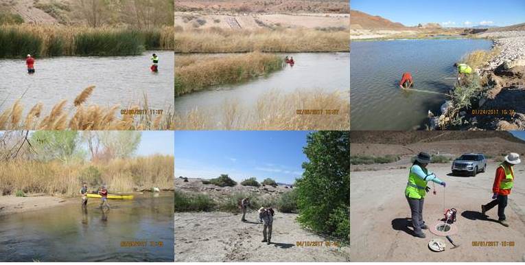 Upper Left: February 2017 AECOM field team sampling Las Vegas Wash. Upper Middle: February 2017 AECOM field team canoeing to sample location in Las Vegas Wash. Upper Right: January 2017 AECOM field team with stream gauging station. Lower Left: February 2017 AECOM field team measuring water quality parameters in Las Vegas Wash. Lower Middle: February 2017 AECOM biologists during biological survey. Lower Right: May 2017 AECOM field team installing transducer inside flush mount groundwater well.