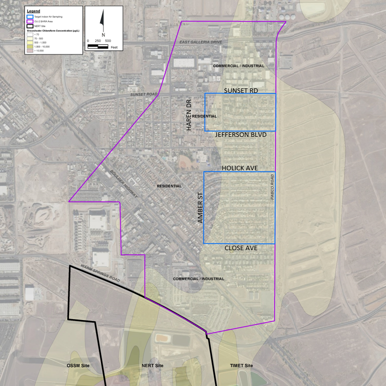 Target indoor air sampling areas within the Operable Unit 2 Baseline Health Risk Assessment area.