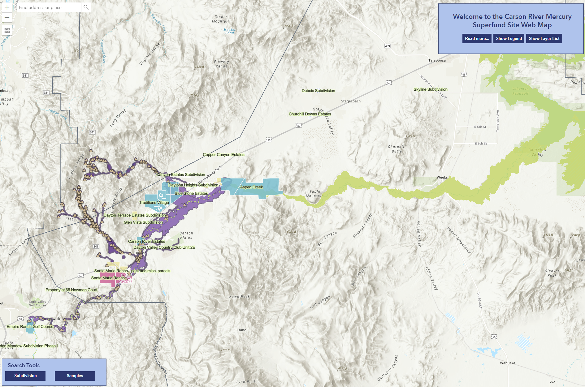 Screenshot of Nevada Division of Environmental Protection's Carson River Mercury Superfund site web map.